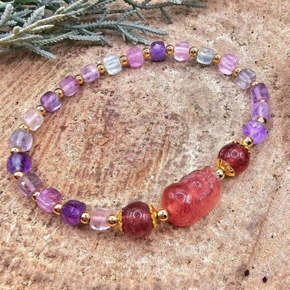 Nature Mixed Colors Fluorite Strawberry Quartz Pi Xiu Bracelet - Picture 5 of 10